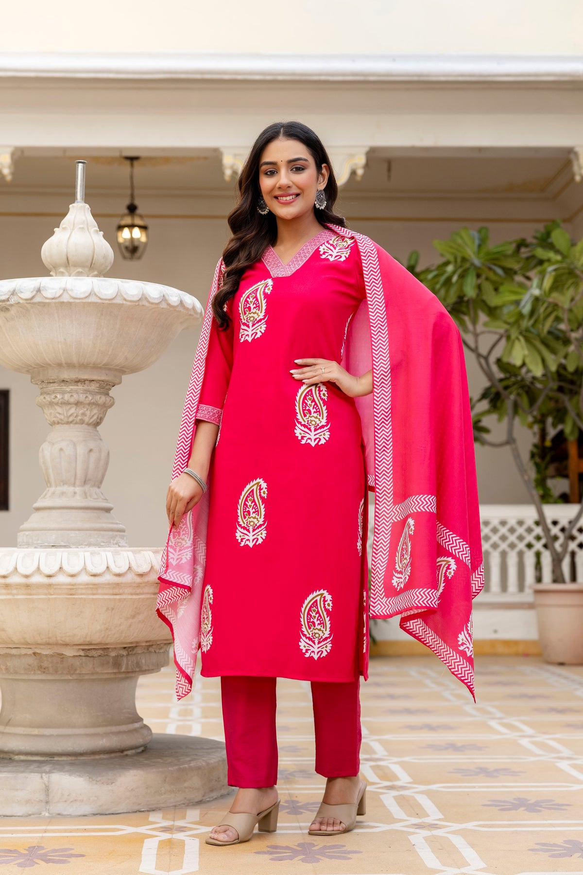 Hot Pink Printed Rayon Kurta Set