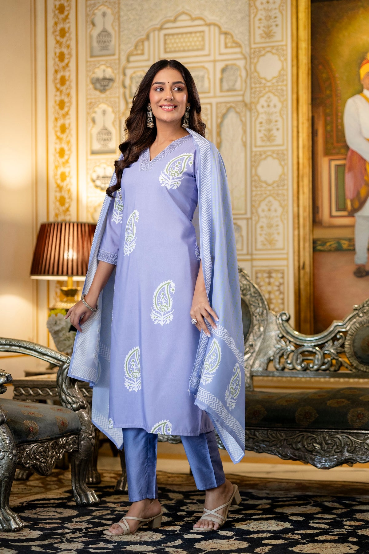 Purple Printed Rayon Kurta Set