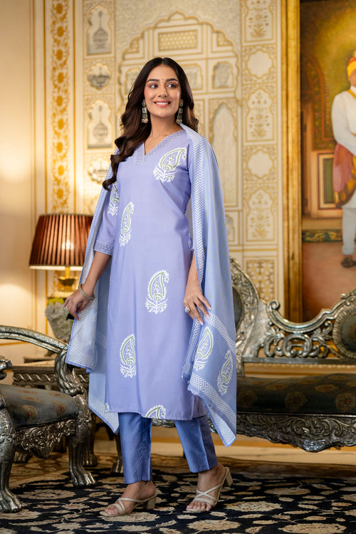 Purple Printed Rayon Kurta Set