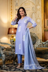 Purple Printed Rayon Kurta Set