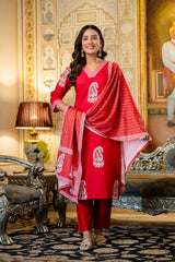 Red Printed Rayon Kurta Set