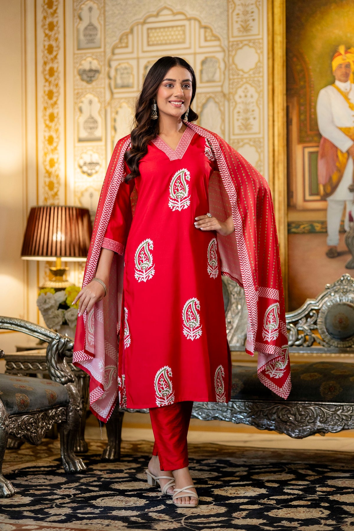 Red Printed Rayon Kurta Set