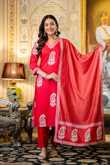 Red Printed Rayon Kurta Set