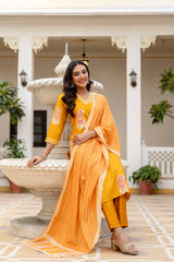 Yellow Printed Rayon Kurta Set