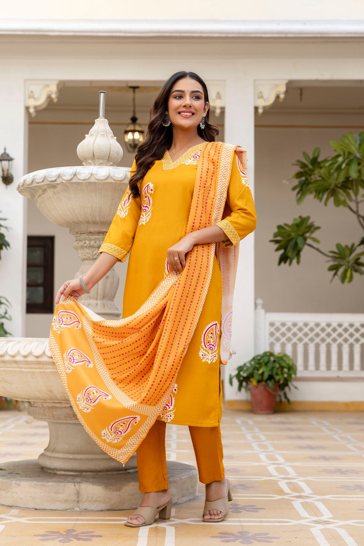 Yellow Printed Rayon Kurta Set