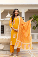 Yellow Printed Rayon Kurta Set