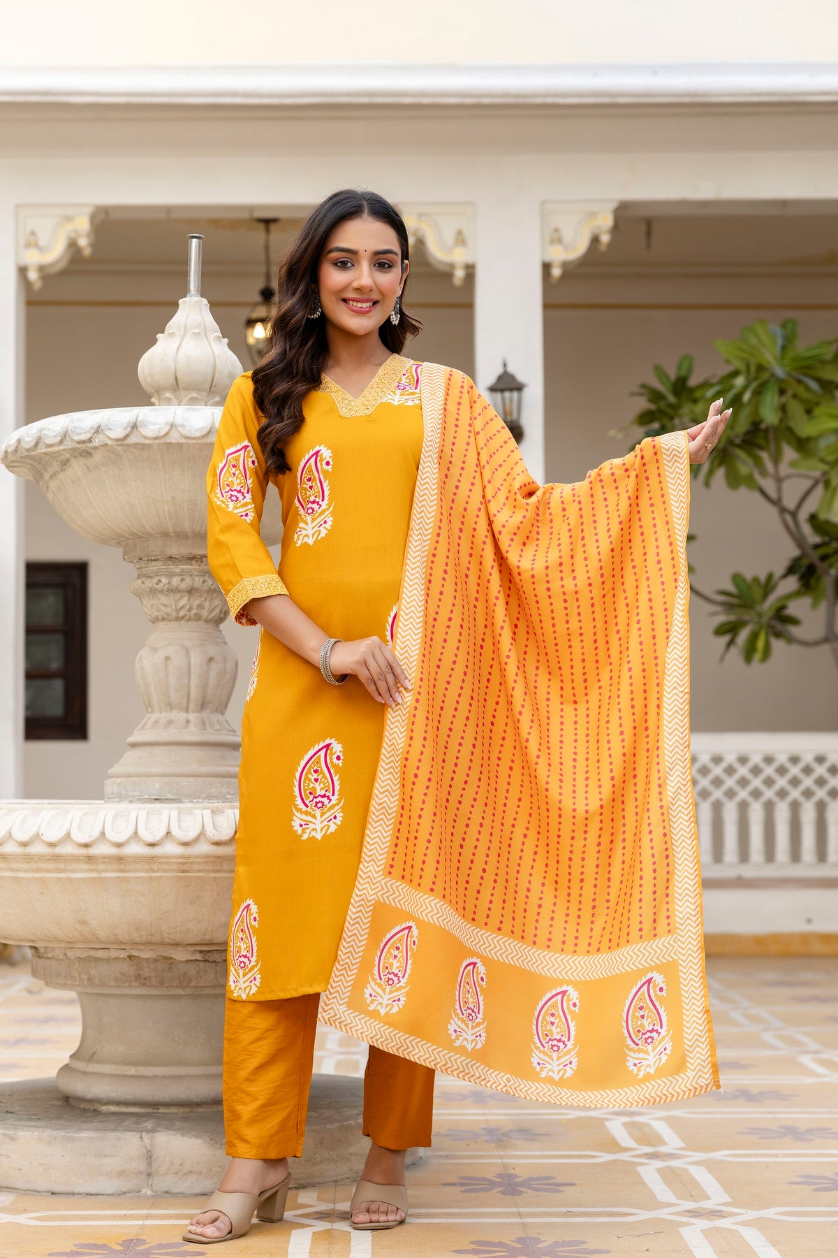 Yellow Printed Rayon Kurta Set