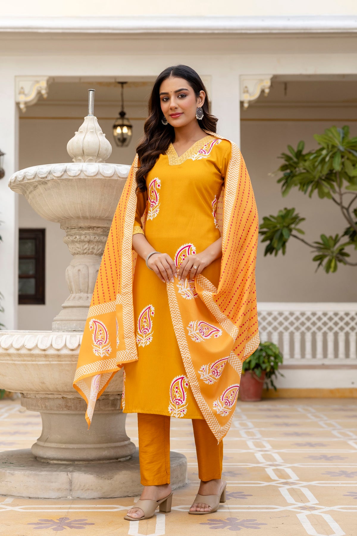 Yellow Printed Rayon Kurta Set