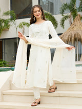 White Embroidered Rayon Slub Kurta Set