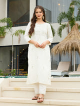 White Embroidered Rayon Slub Kurta Set