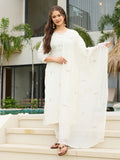 White Embroidered Rayon Slub Kurta Set