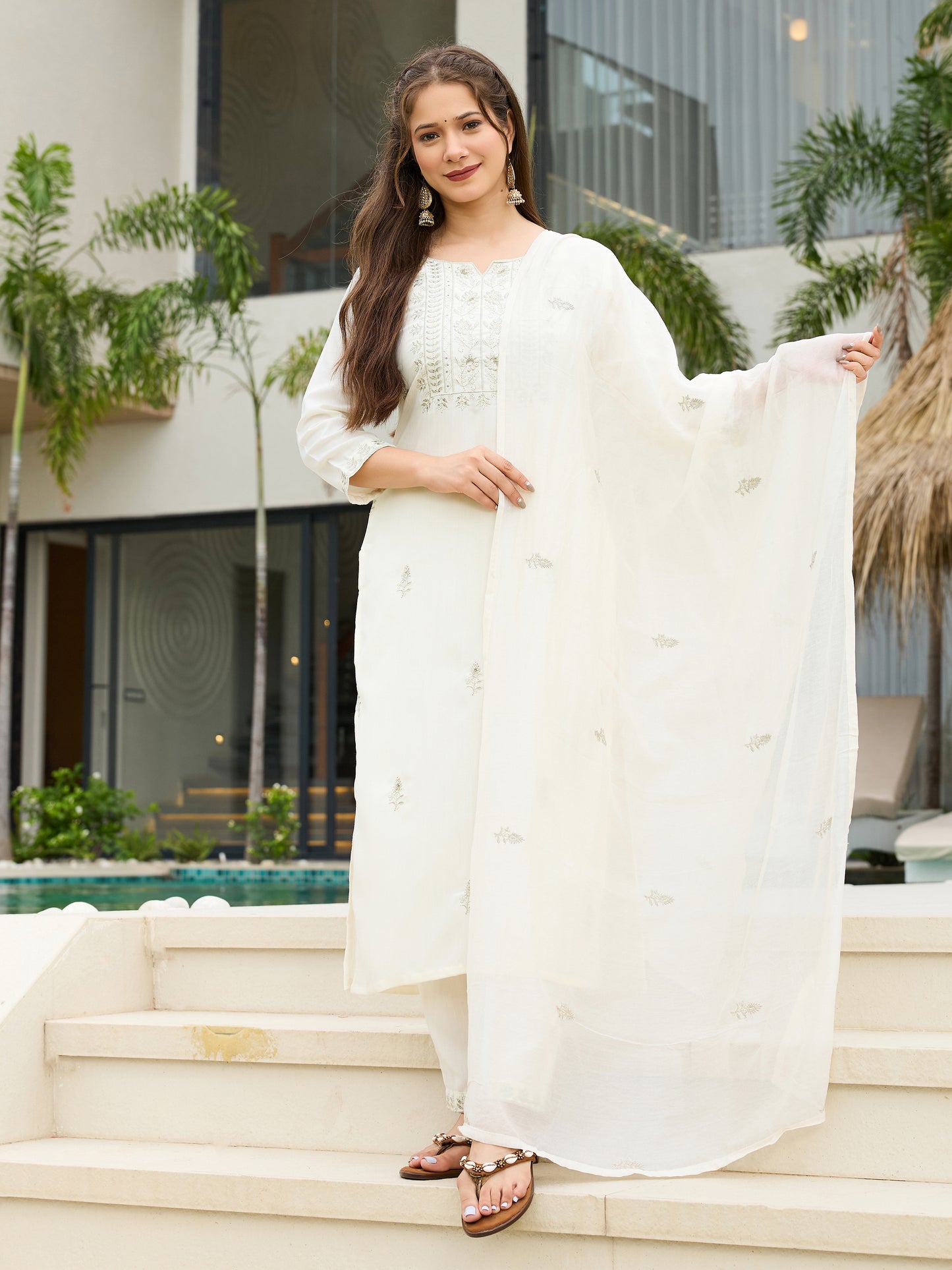 White Embroidered Rayon Slub Kurta Set