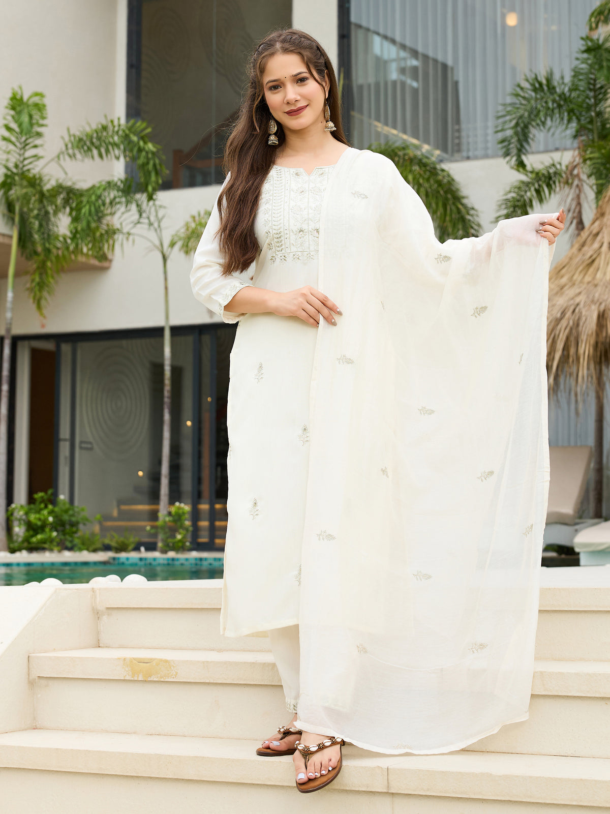 White Embroidered Rayon Slub Kurta Set