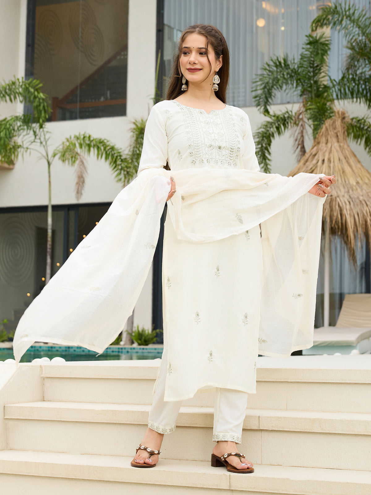 White Embroidered Rayon Slub Kurta Set