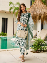 Green Printed Silk Blend Kurta Set