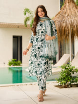 Green Printed Silk Blend Kurta Set