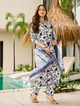 Navy Blue Printed Silk Blend Kurta Set