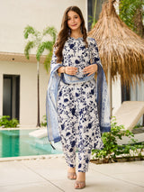 Navy Blue Printed Silk Blend Kurta Set