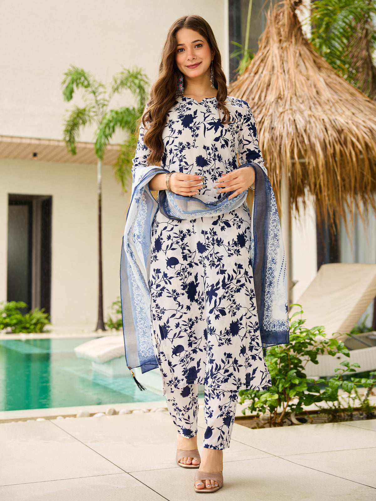 Navy Blue Printed Silk Blend Kurta Set