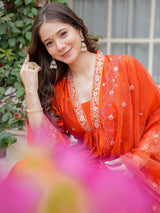 Orange Embroidered Viscose Chanderi Kurta Set