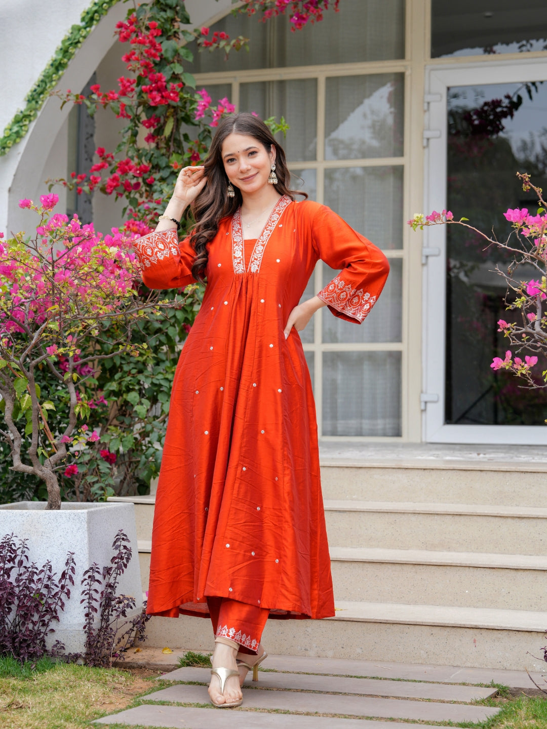Orange Embroidered Viscose Chanderi Kurta Set