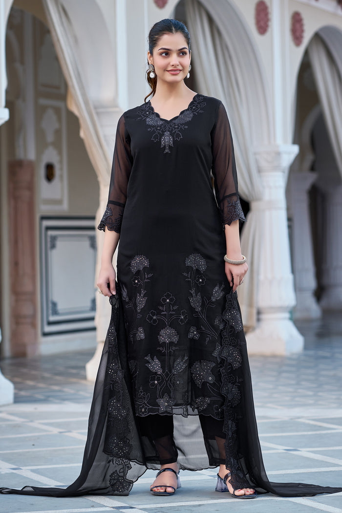 Black Embroidered Fox Blooming Georgette Kurta Set