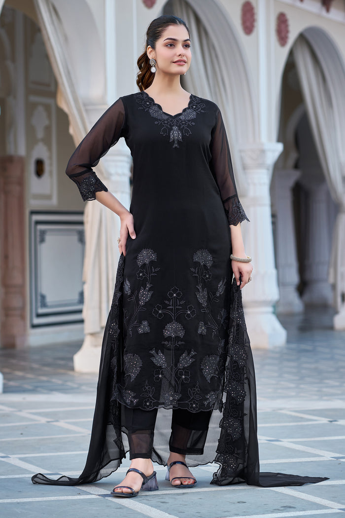 Black Embroidered Fox Blooming Georgette Kurta Set
