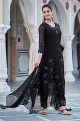 Black Embroidered Fox Blooming Georgette Kurta Set
