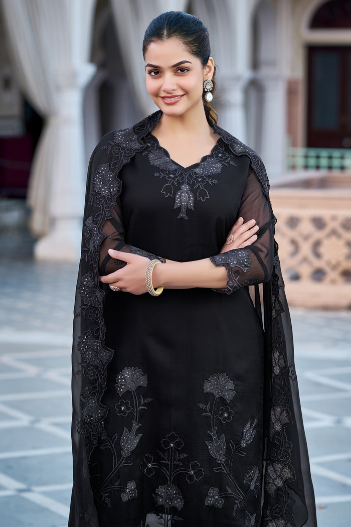 Black Georgette Embroidered Suit Set
