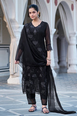 Black Embroidered Fox Blooming Georgette Kurta Set