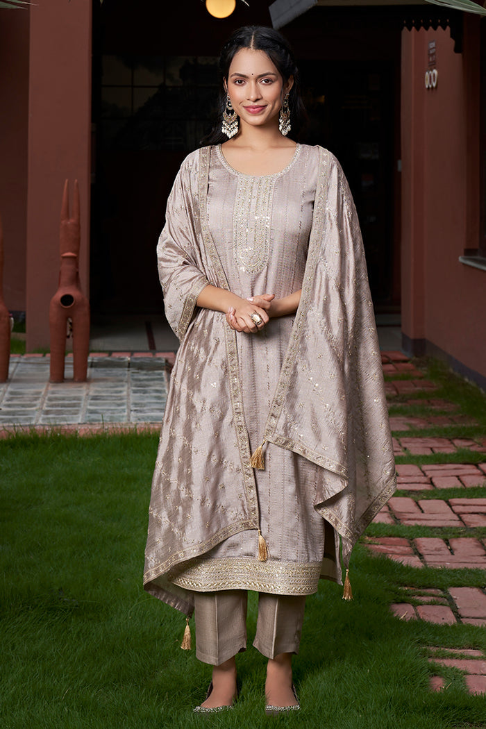 Cream Vichitra Silk Embroidered Suit Set