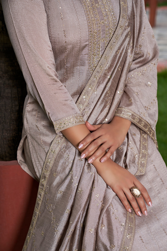 Cream Vichitra Silk Embroidered Suit Set