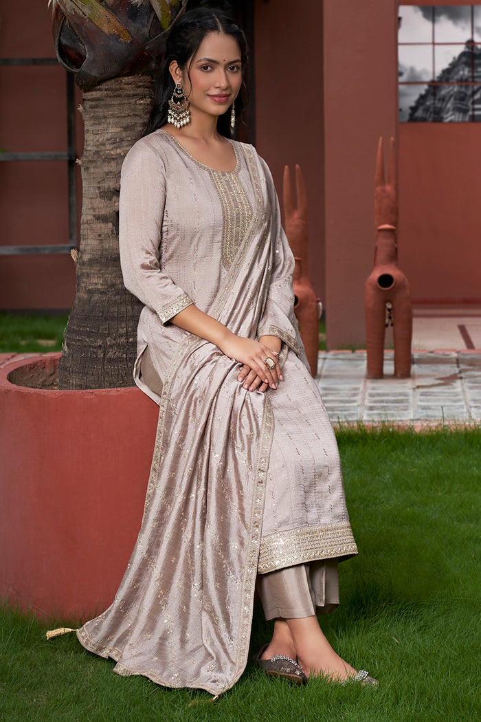 Cream Vichitra Silk Embroidered Suit Set