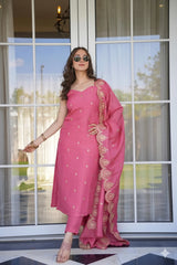 Pink Viscose Zari Chanderi Embroidered Suit Set