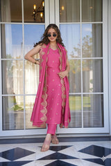 Pink Viscose Zari Chanderi Embroidered Suit Set