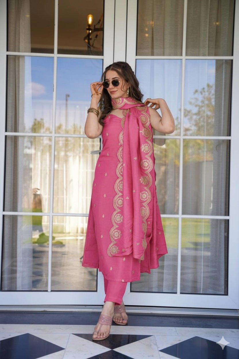Pink Viscose Zari Chanderi Embroidered Suit Set