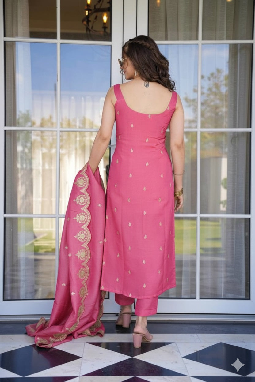 Pink Viscose Zari Chanderi Embroidered Suit Set