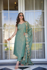 Tealish Green Viscose Zari Chanderi Embroidered Suit Set