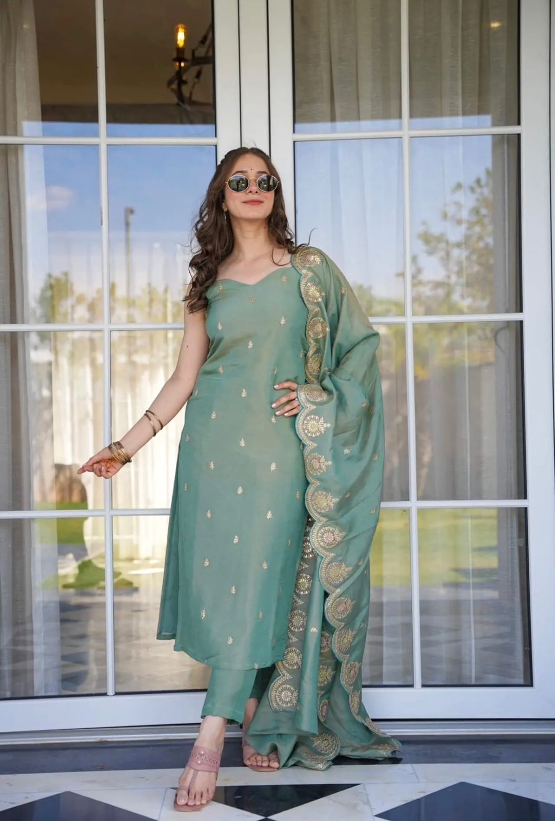 Tealish Green Viscose Zari Chanderi Embroidered Suit Set