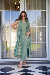 Tealish Green Viscose Zari Chanderi Embroidered Suit Set