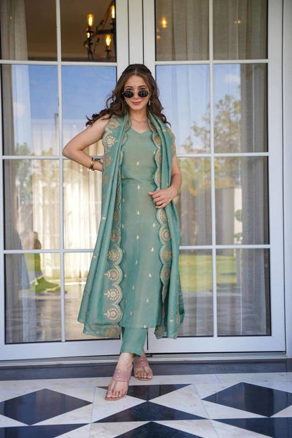 Tealish Green Viscose Zari Chanderi Embroidered Suit Set