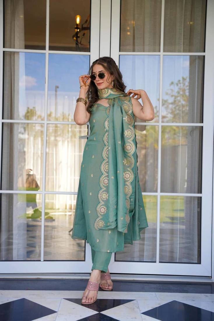 Tealish Green Viscose Zari Chanderi Embroidered Suit Set