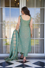 Tealish Green Viscose Zari Chanderi Embroidered Suit Set