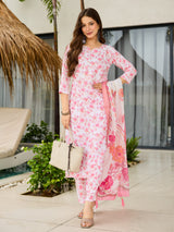 Pink Printed Silk Blend Kurta Set