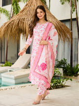 Pink Printed Silk Blend Kurta Set