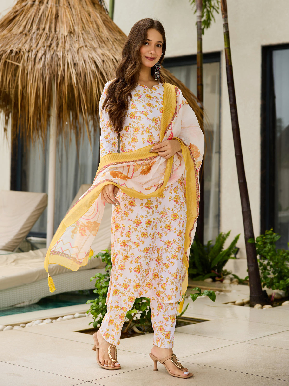 Yellow Printed Silk Blend Kurta Set
