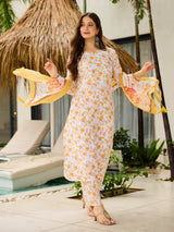 Yellow Printed Silk Blend Kurta Set
