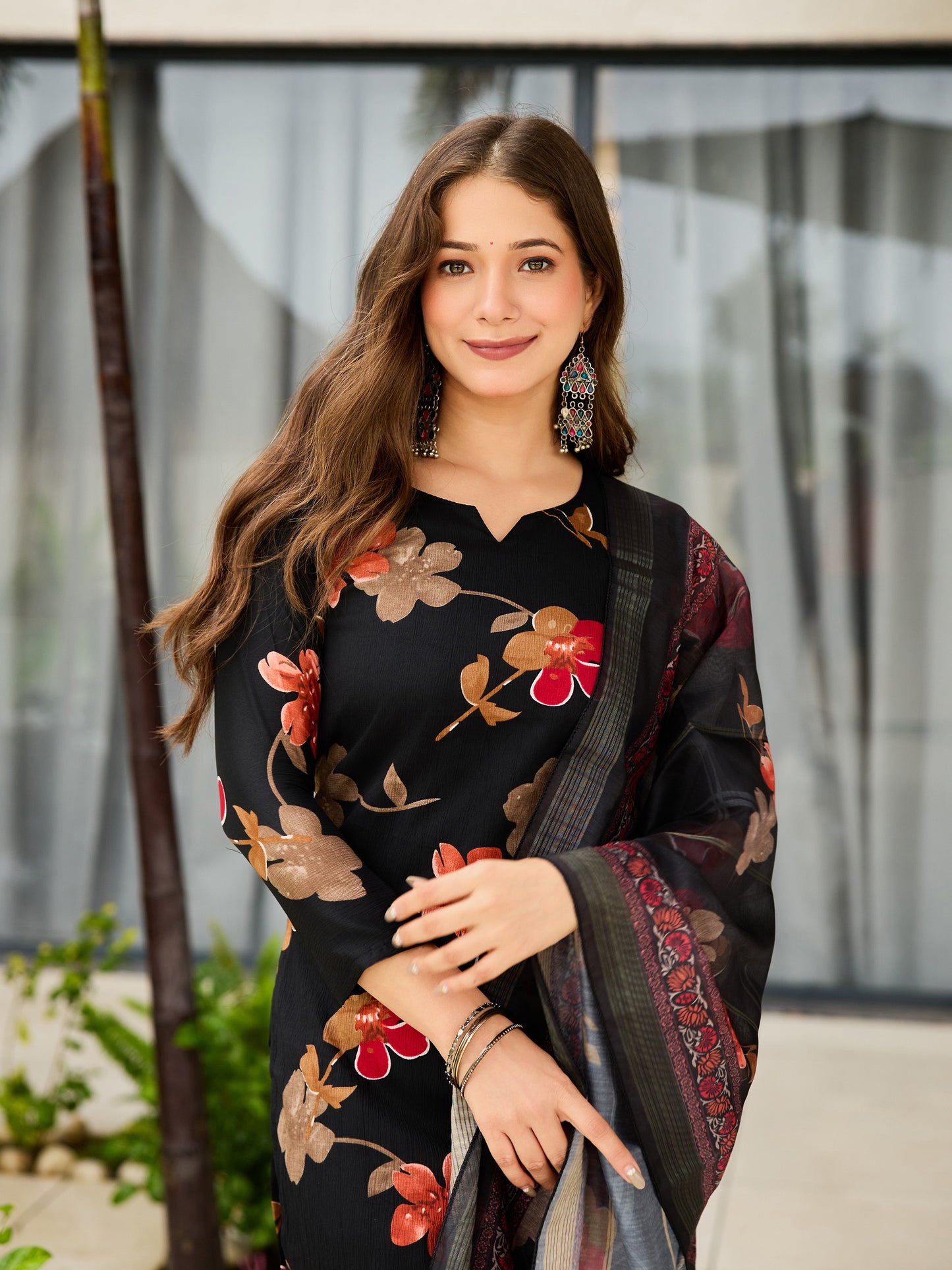Black Silk Blend Printed Suit Set