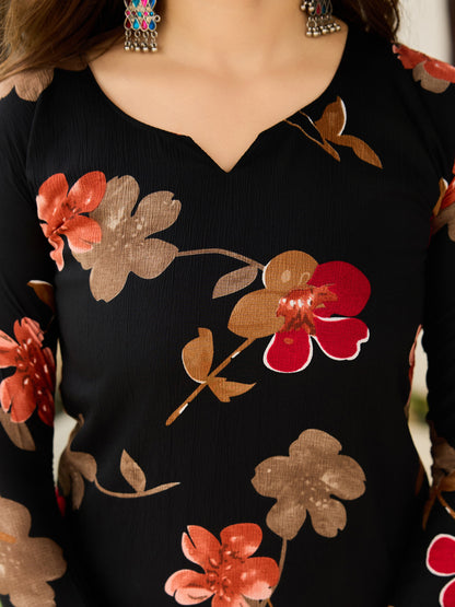 Black Silk Blend Printed Suit Set