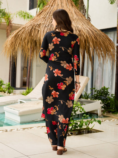 Black Silk Blend Printed Suit Set